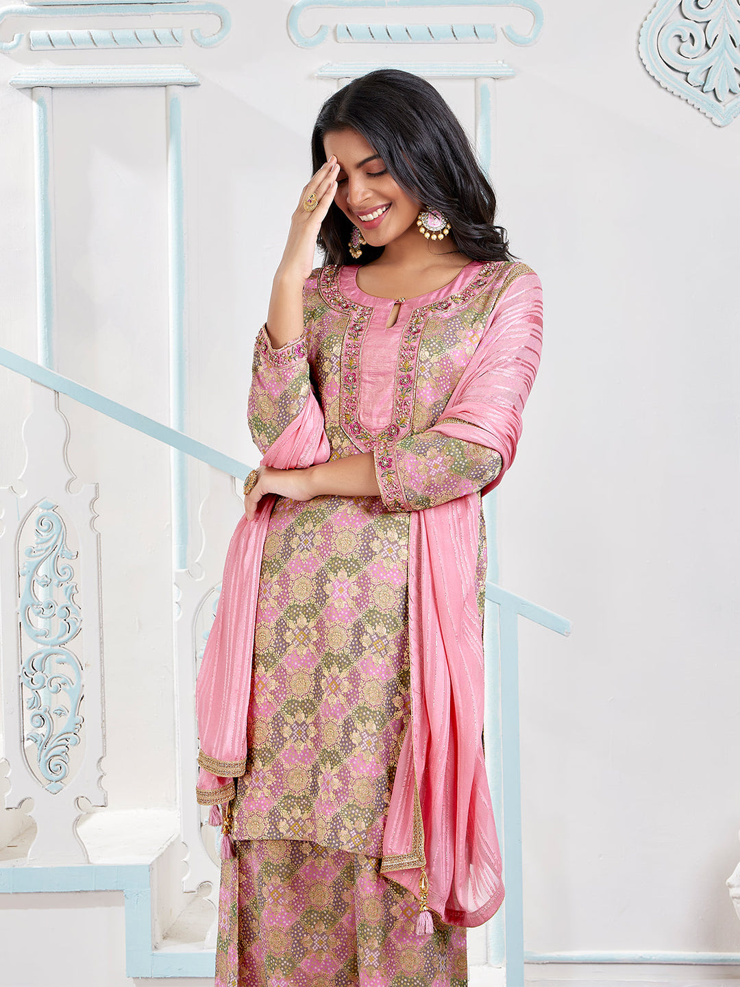 Pink Jacquard Palazzo Set