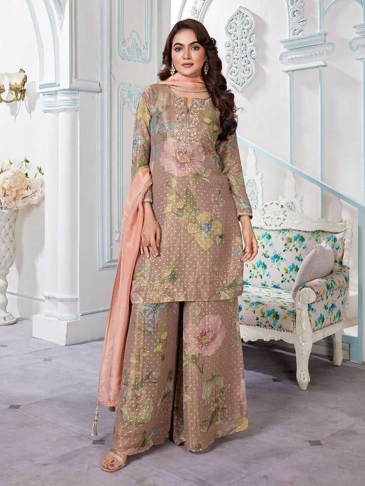 Brown Floral Jacquard Palazzo Set