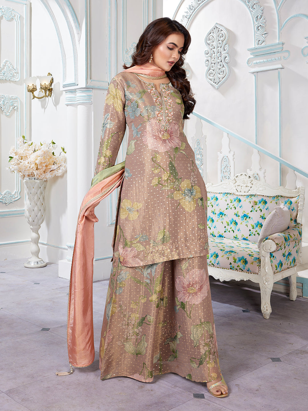 Brown Floral Jacquard Palazzo Set