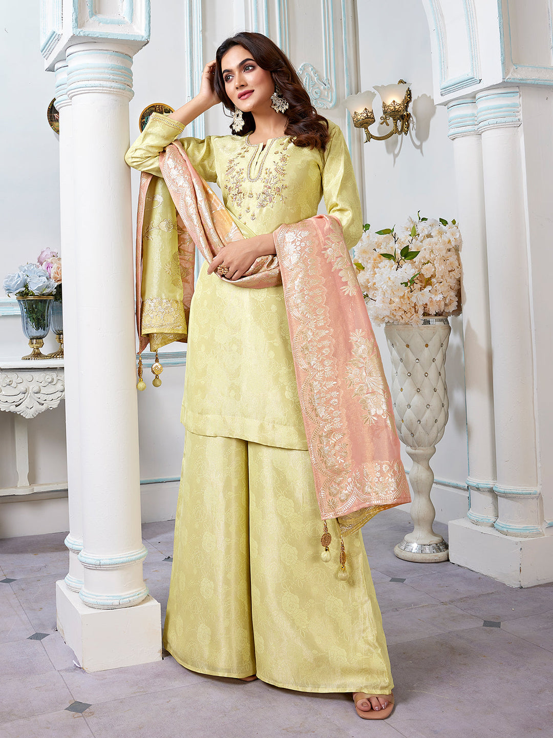 Lime Green Jacquard Palazzo Set