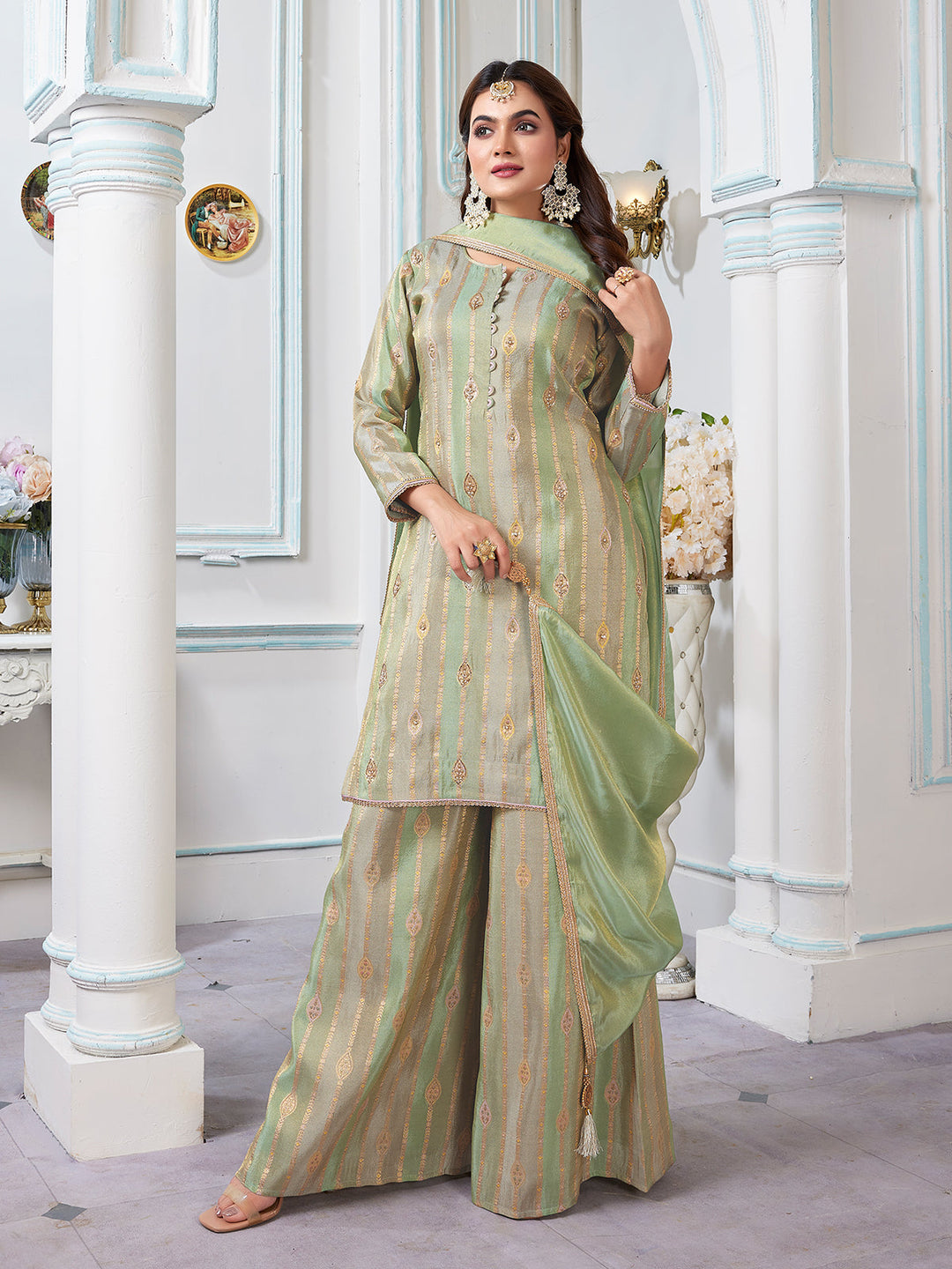 Green Jacquard Palazzo Set