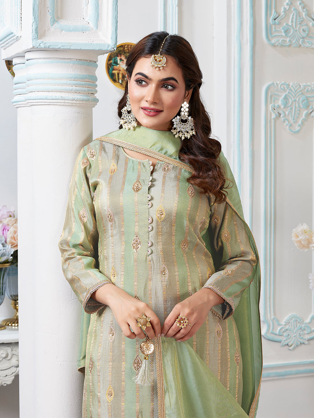 Green Jacquard Palazzo Set