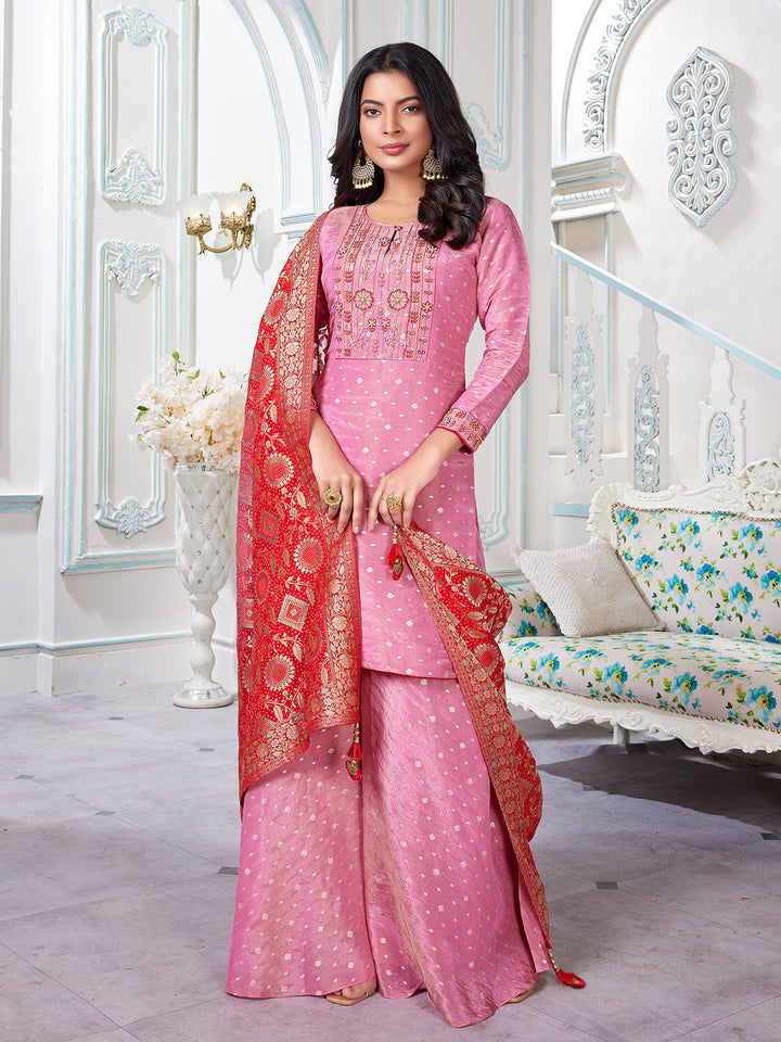 Pink Jacquard Sharara Set