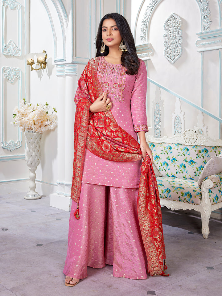 Pink Jacquard Sharara Set