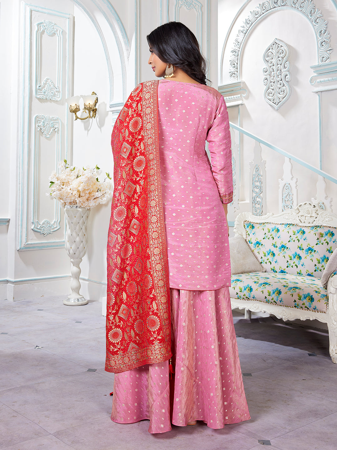 Pink Jacquard Sharara Set