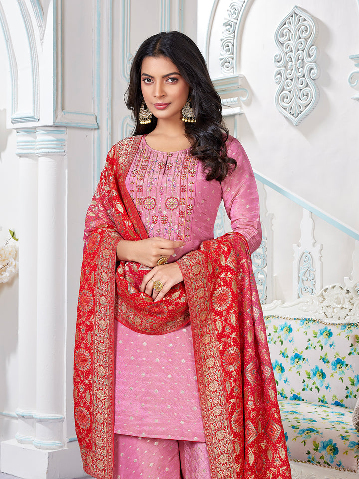 Pink Jacquard Sharara Set