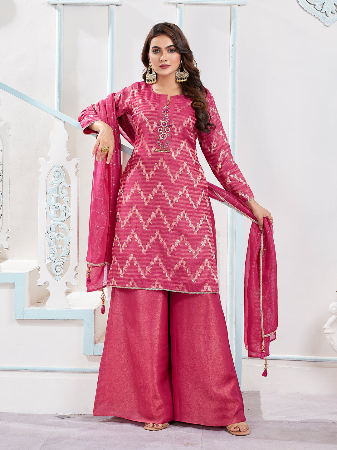 Pink Jacquard Sharara Set