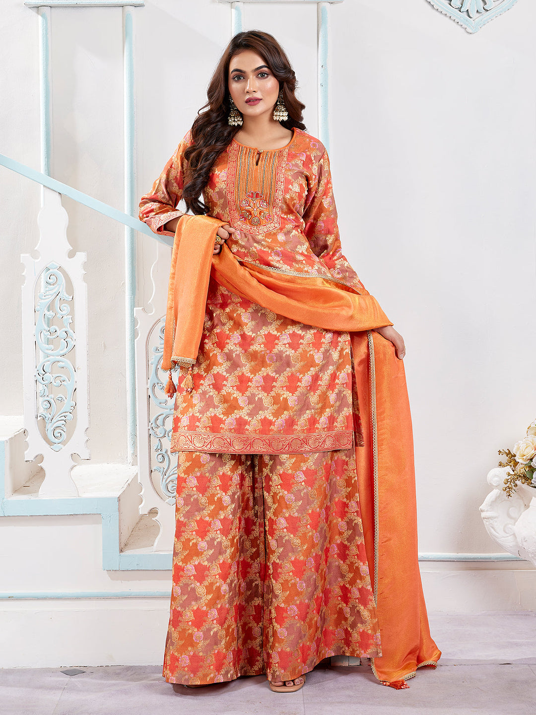 Orange Jacquard Palazzo Set