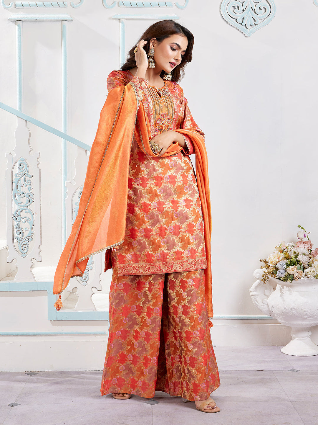 Orange Jacquard Palazzo Set