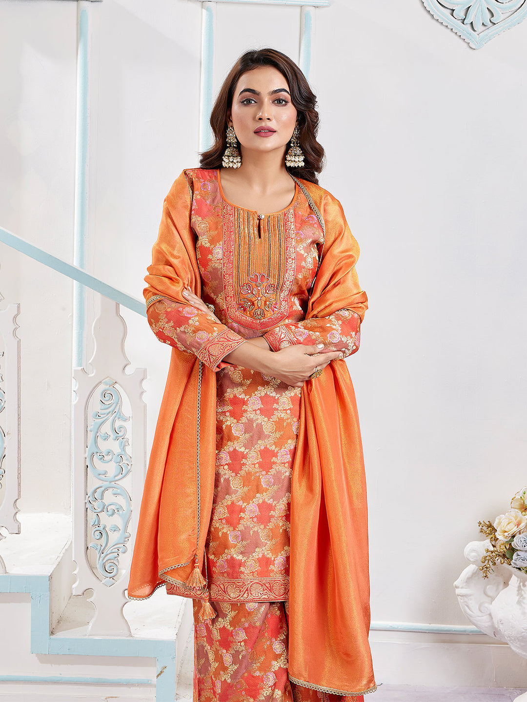 Orange Jacquard Palazzo Set