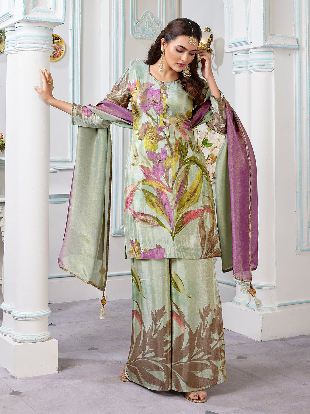 Green Floral Jacquard Sharara Set