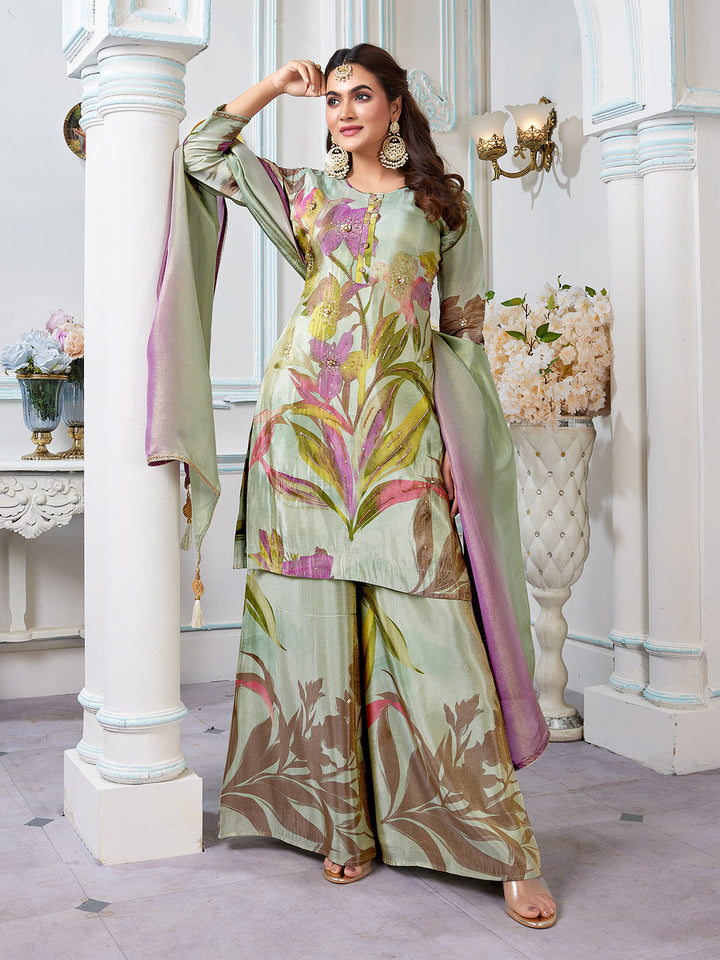 Green Floral Jacquard Sharara Set