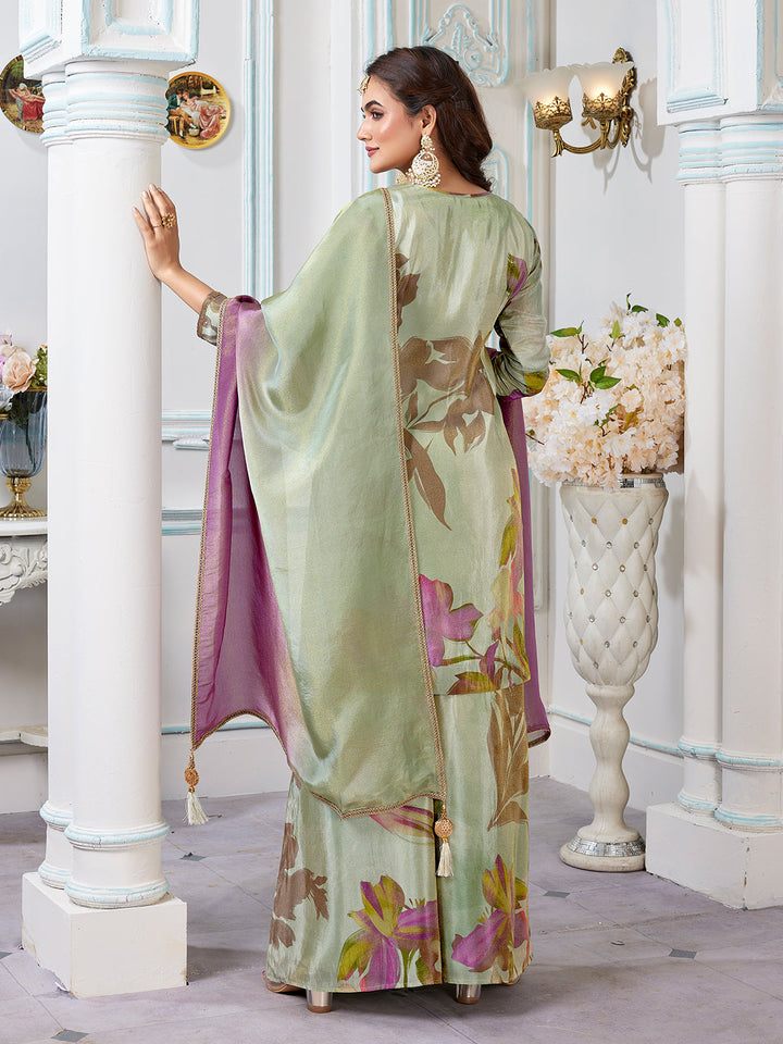 Green Floral Jacquard Sharara Set