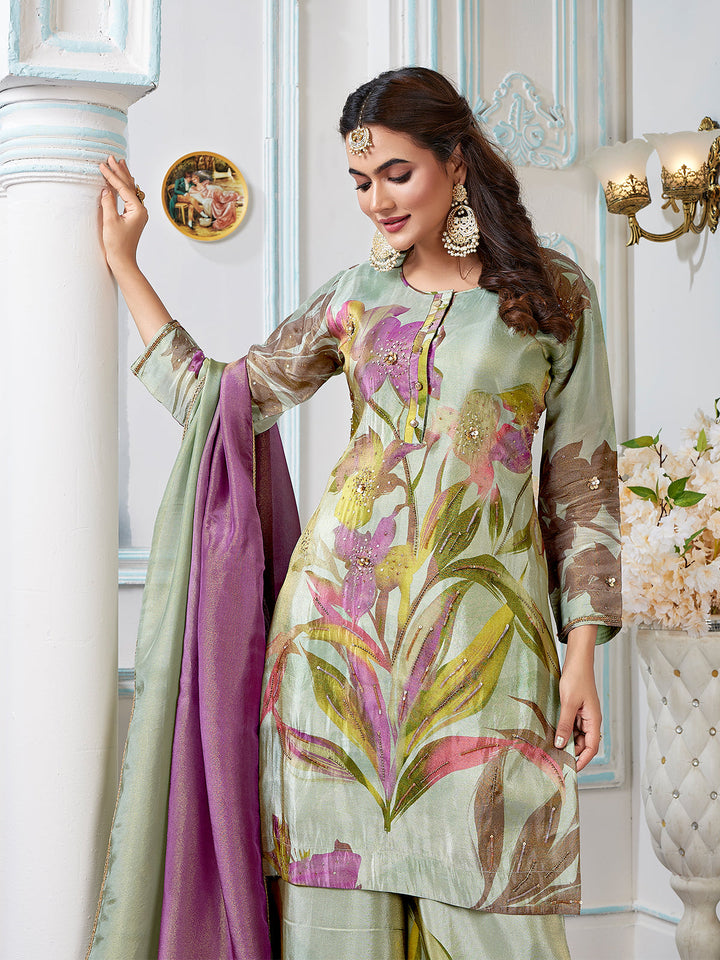 Green Floral Jacquard Sharara Set