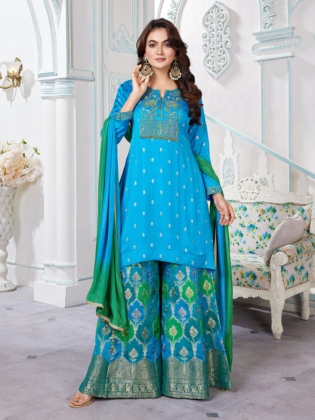 Bright Blue Jacquard Sharara Set