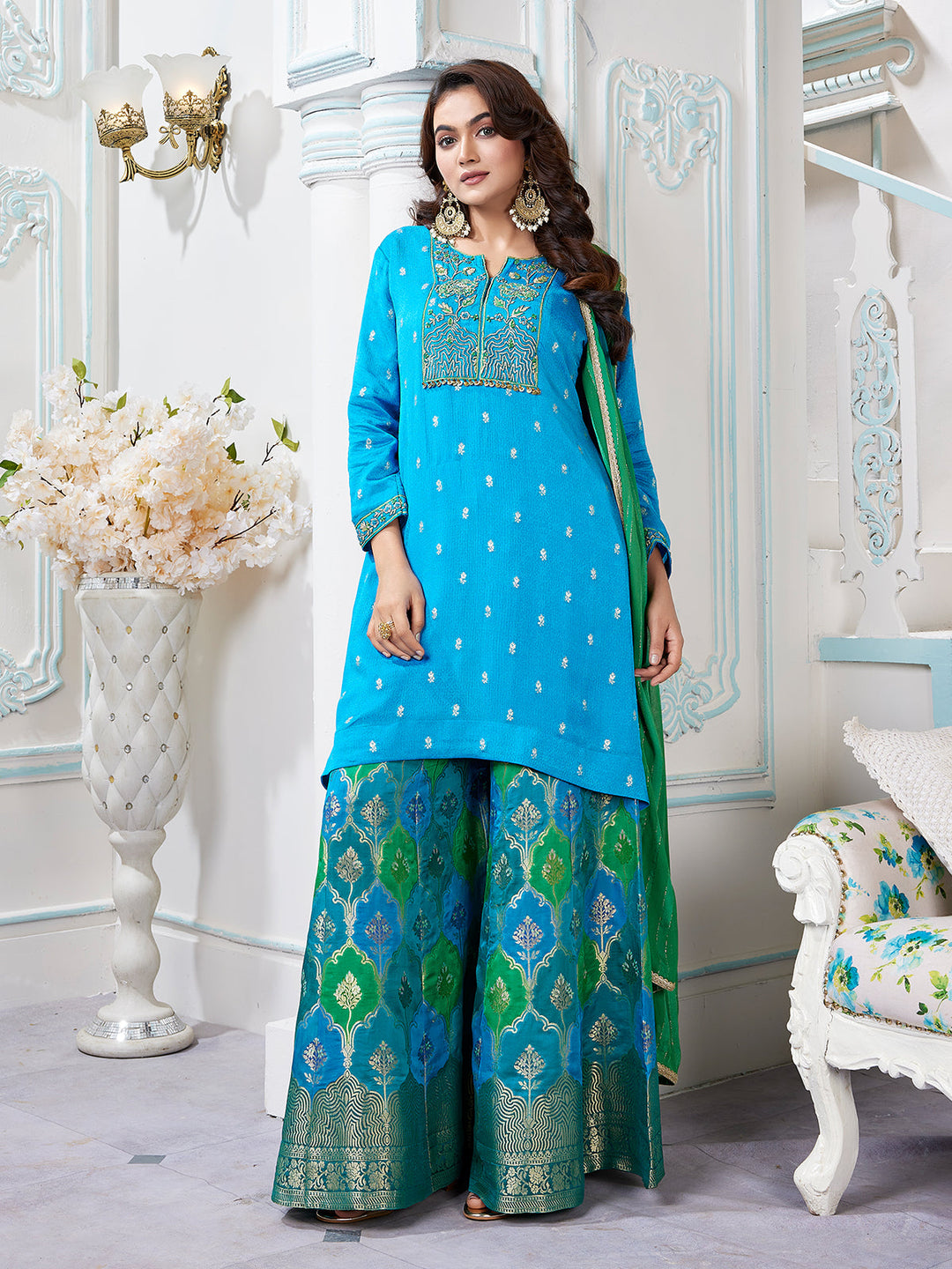 Bright Blue Jacquard Sharara Set