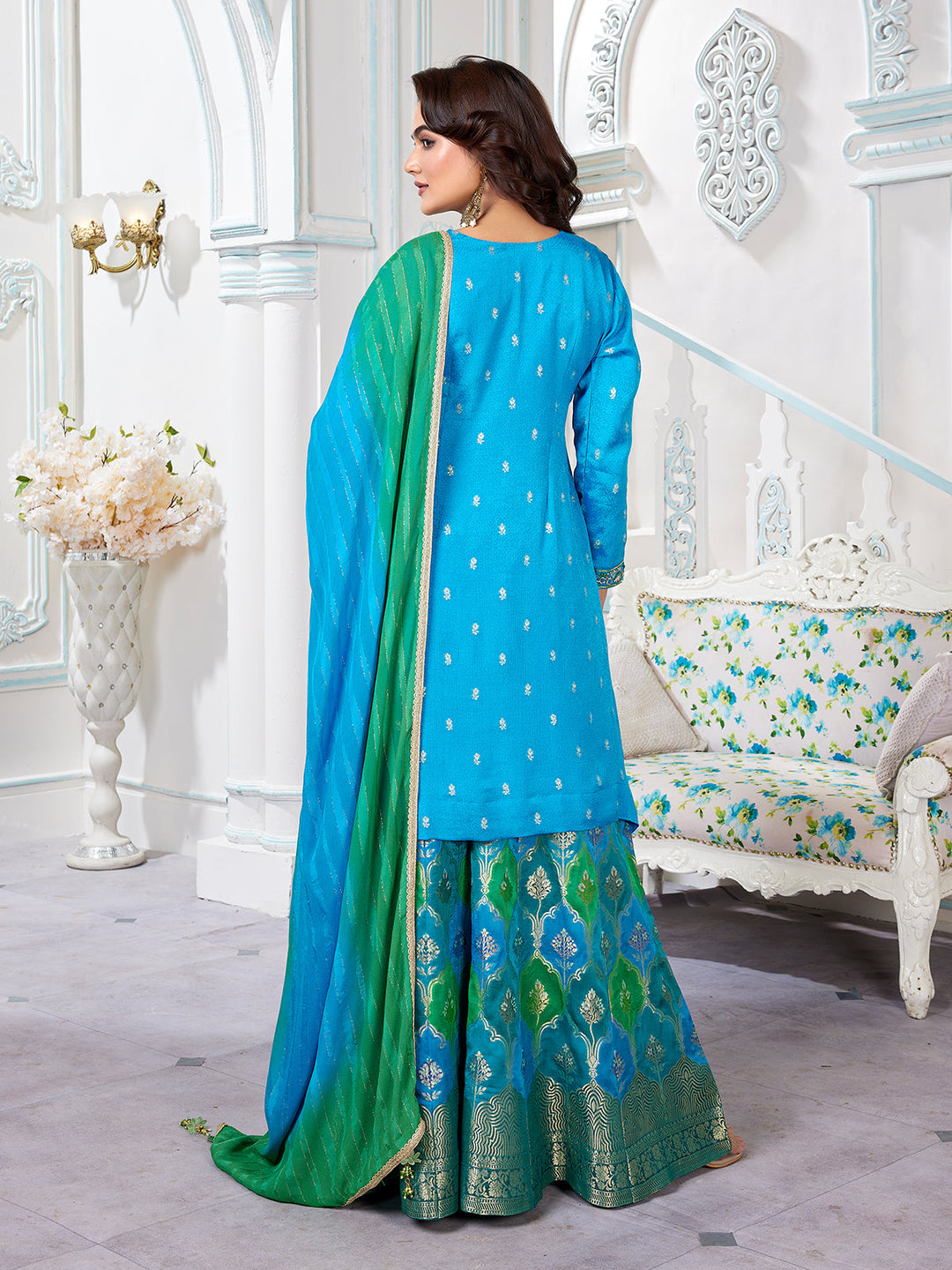 Bright Blue Jacquard Sharara Set