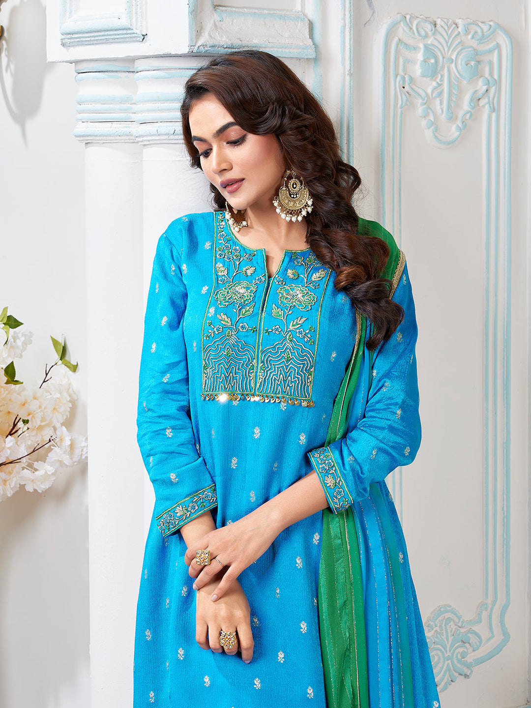 Bright Blue Jacquard Sharara Set