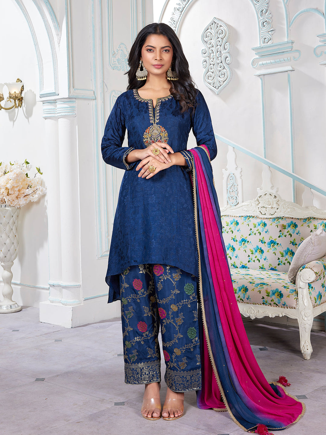 Navy Blue Jacquard Suit Set