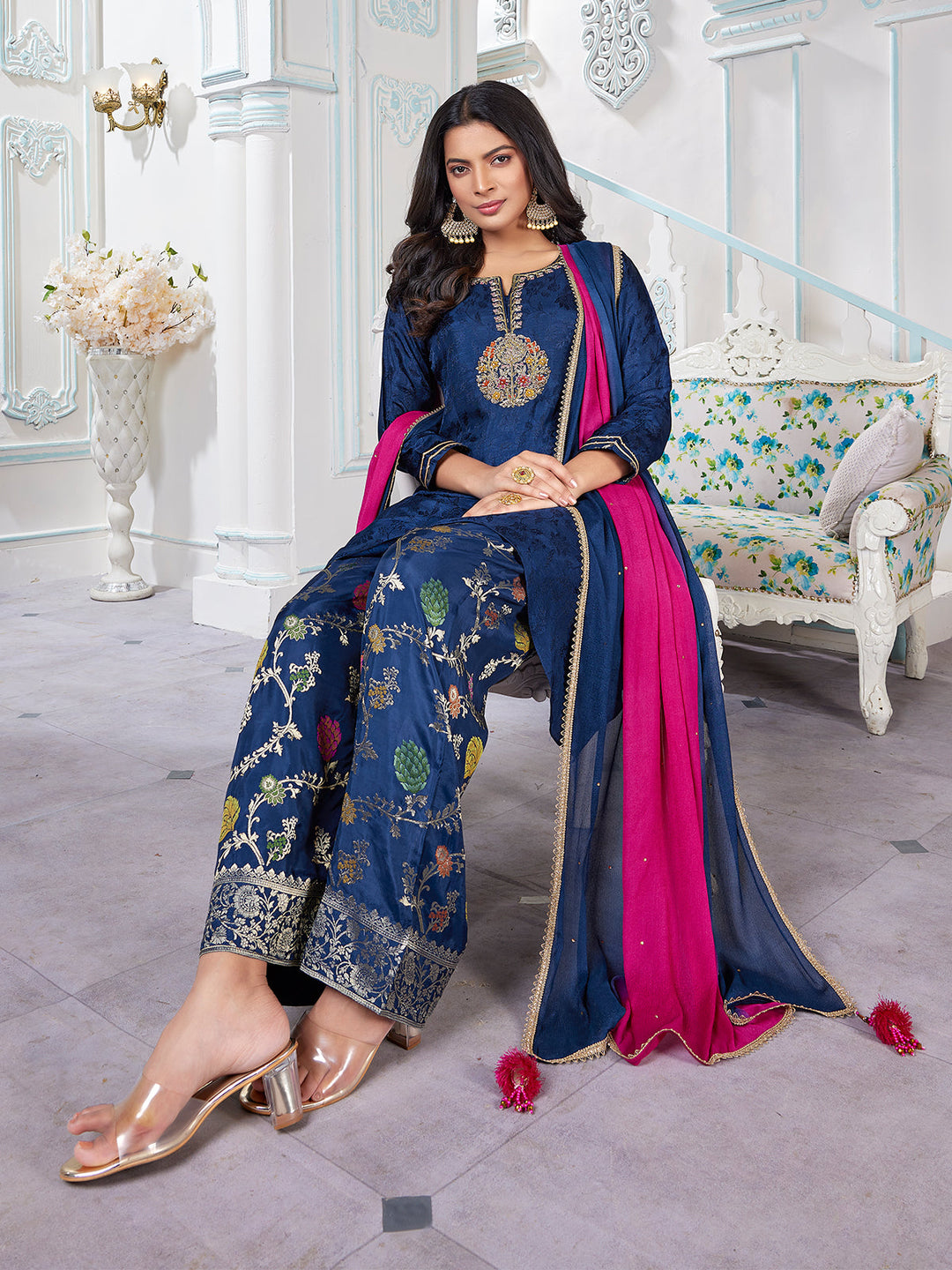 Navy Blue Jacquard Suit Set