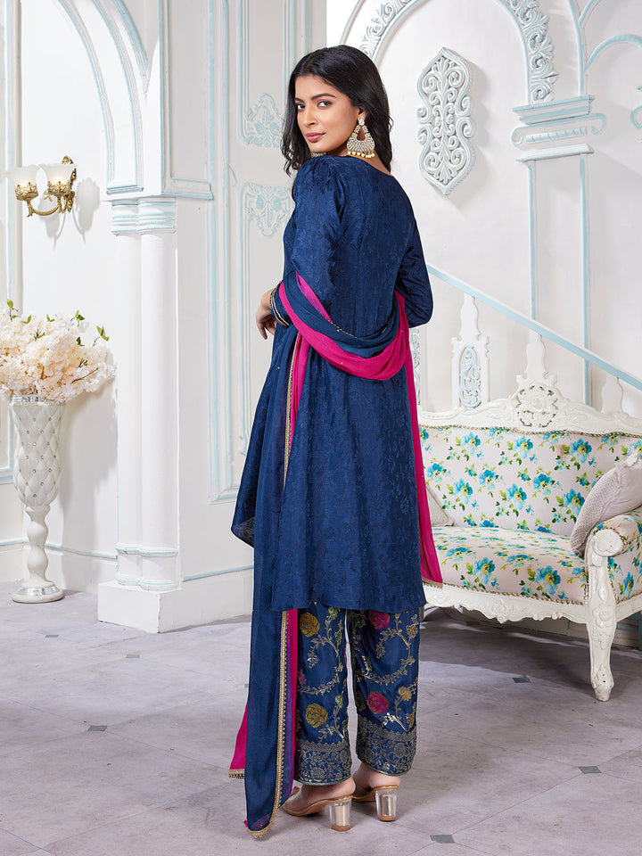 Navy Blue Jacquard Suit Set