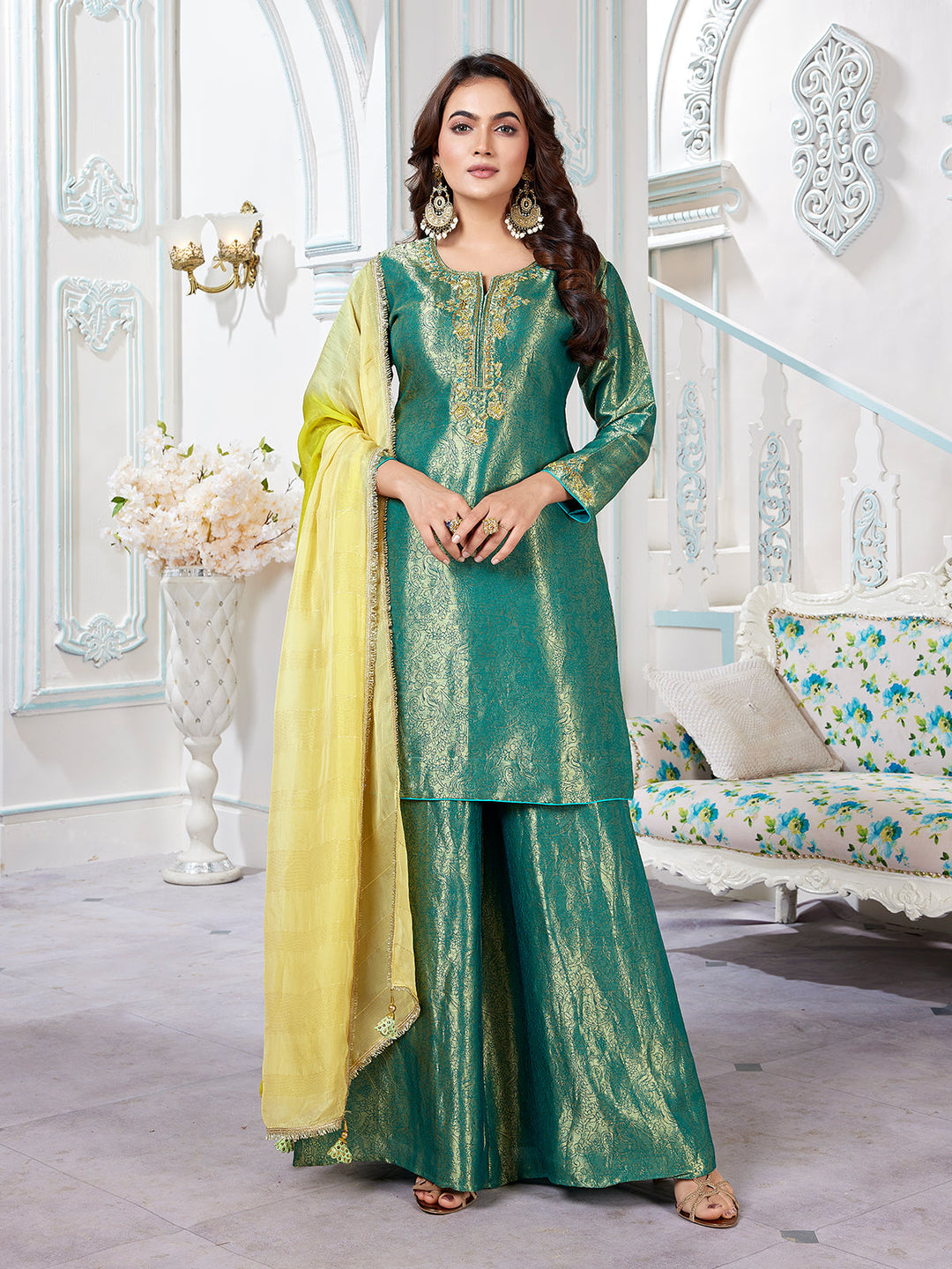 Green Jacquard Sharara Set