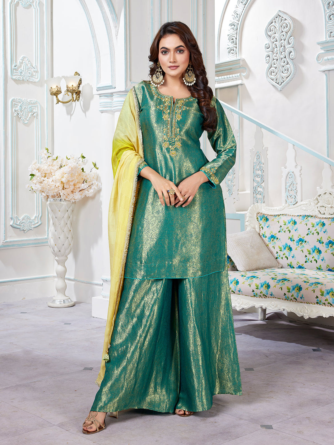 Green Jacquard Sharara Set