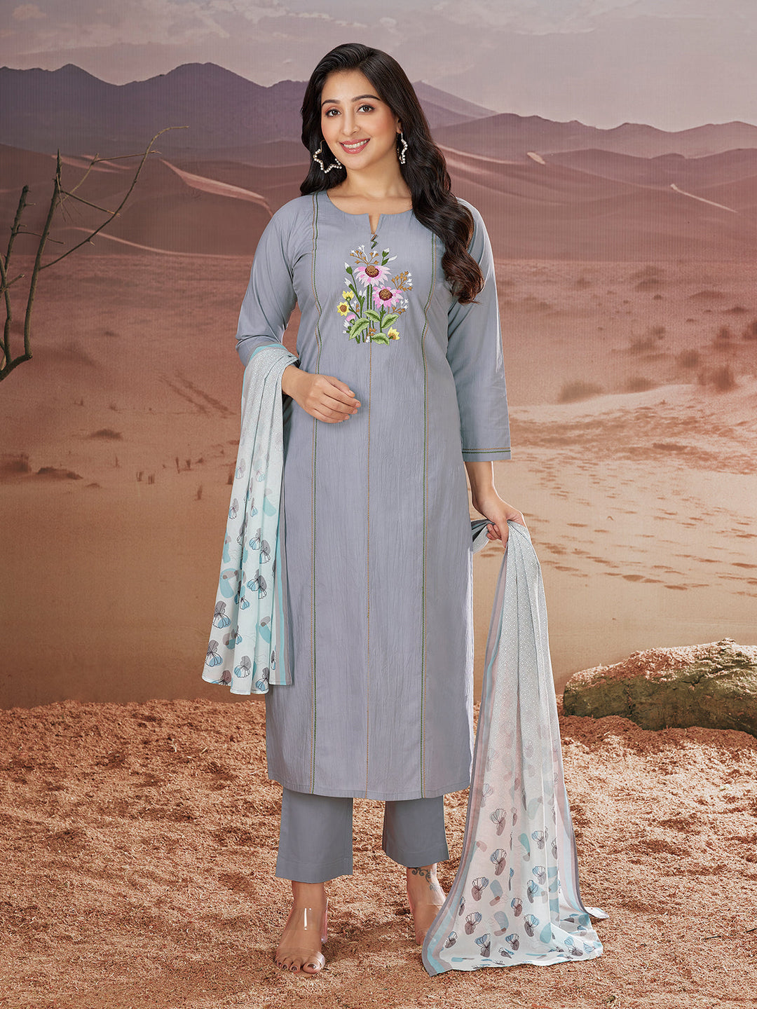 Grey Embroidered Suit Set