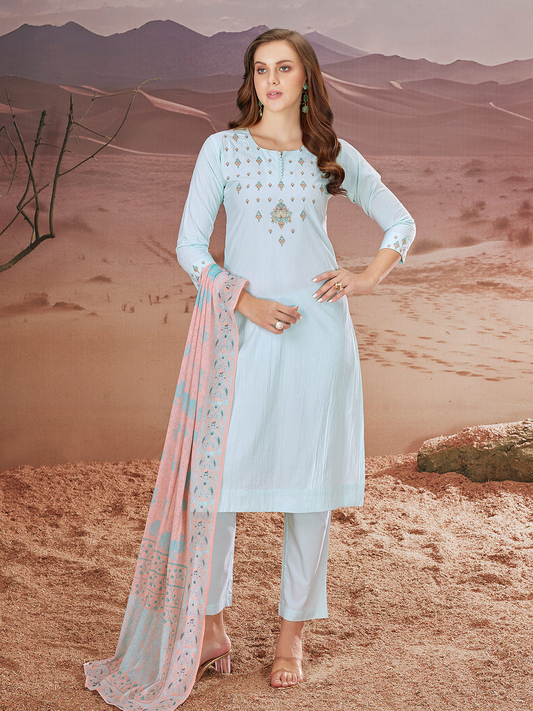 Light Blue Embroidered Suit Set