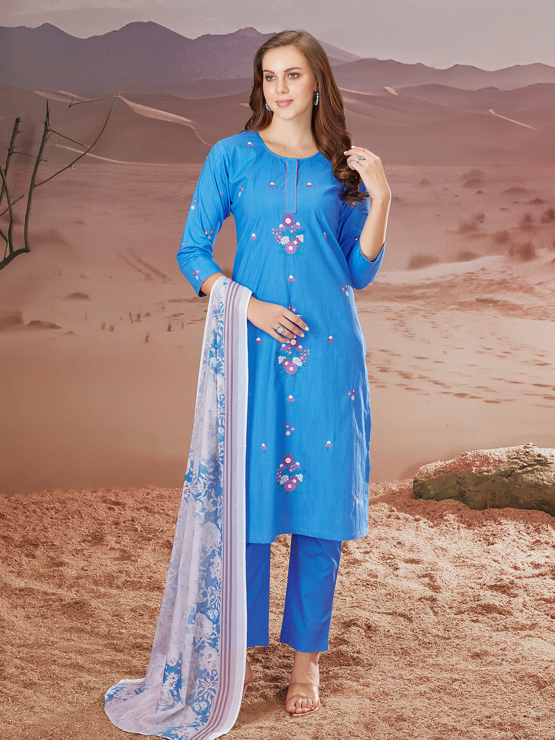 Bright Blue Embroidered Suit Set