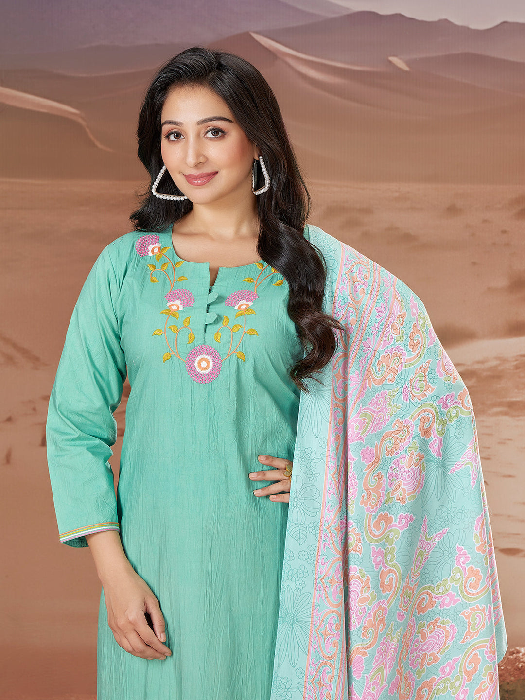 Turquoise Embroidered Suit Set