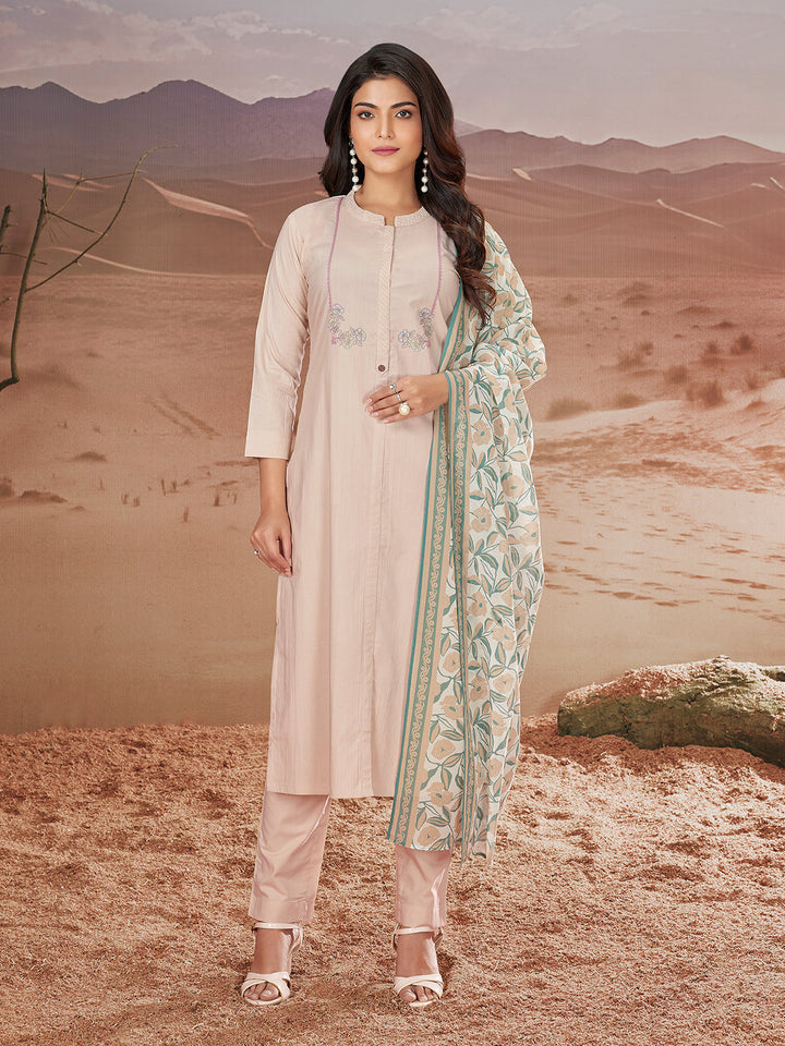 Beige Embroidered Suit Set