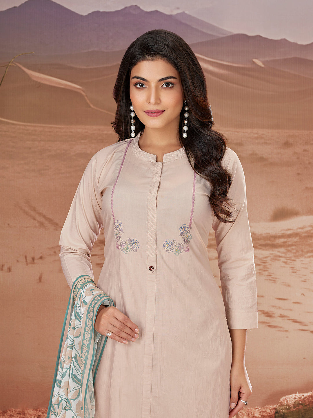 Beige Embroidered Suit Set