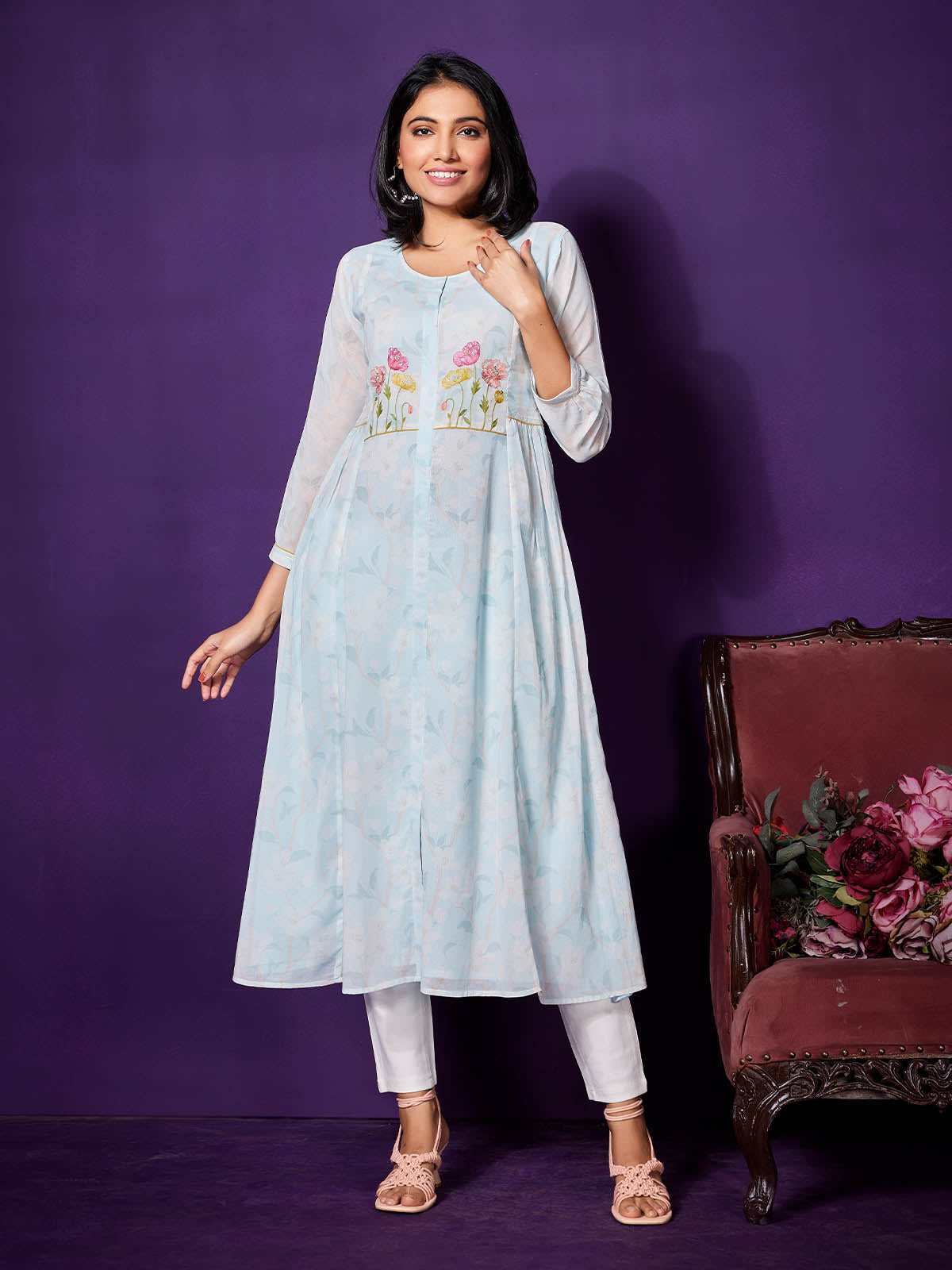 Light Blue Floral Cotton Kurti Dressline Fashion