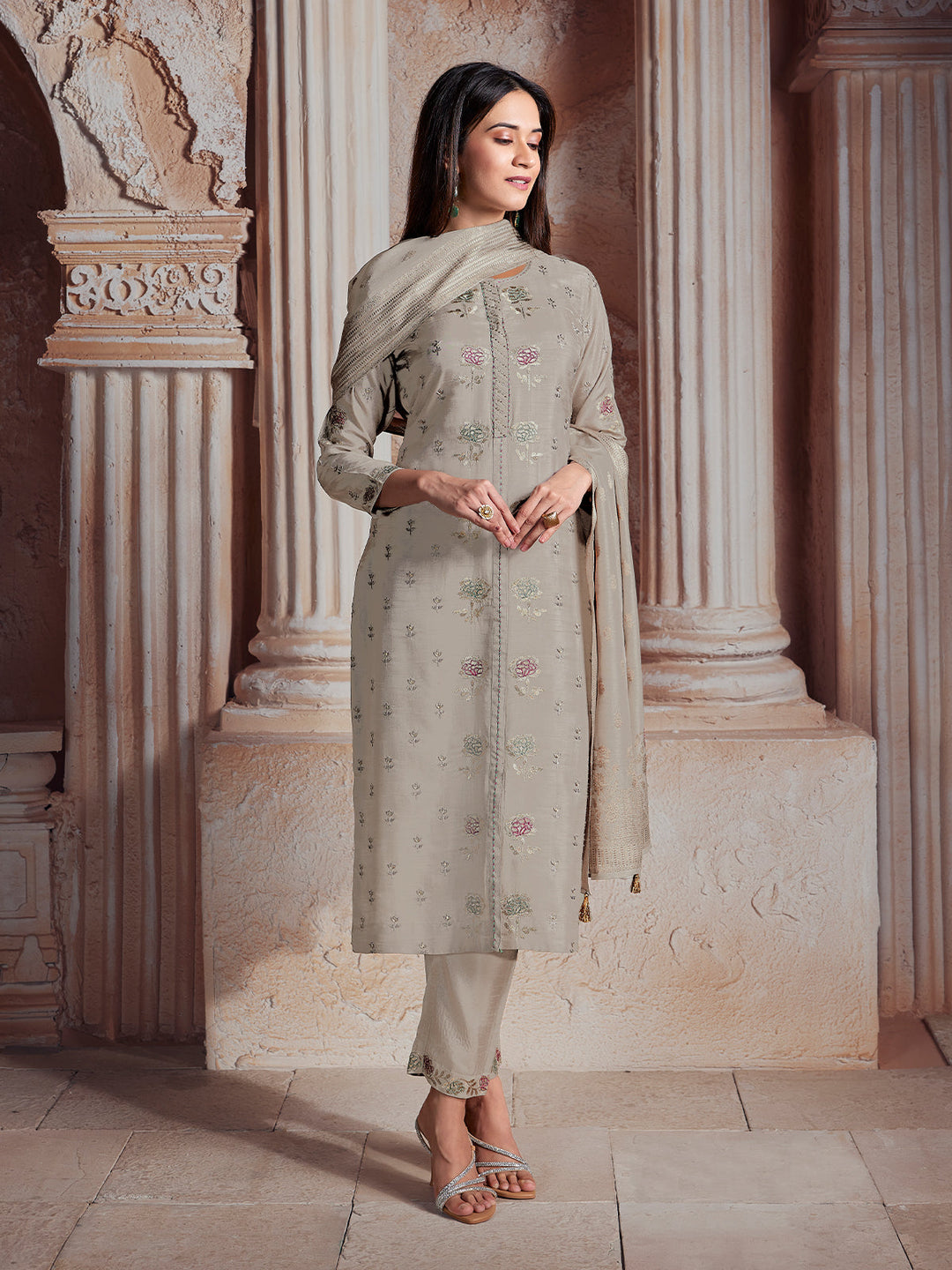 Light Grey Semi-Silk Suit Set