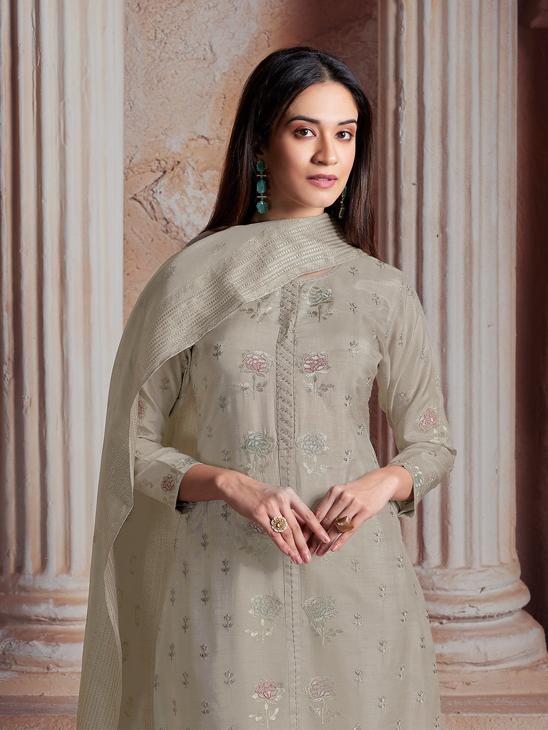 Light Grey Semi-Silk Suit Set