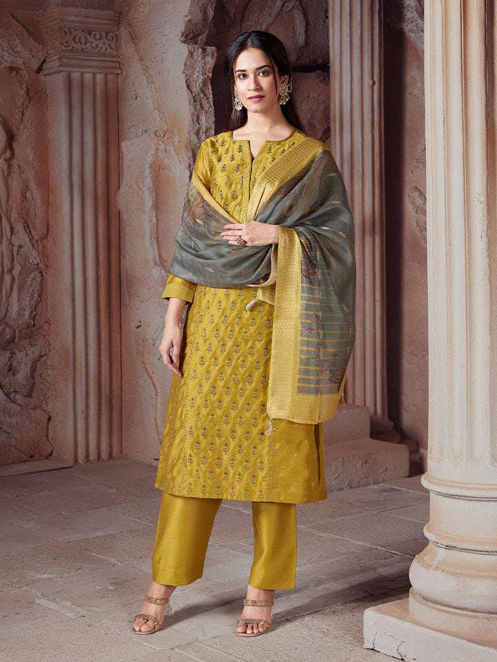 Mustard Yellow Semi-Silk Suit Set