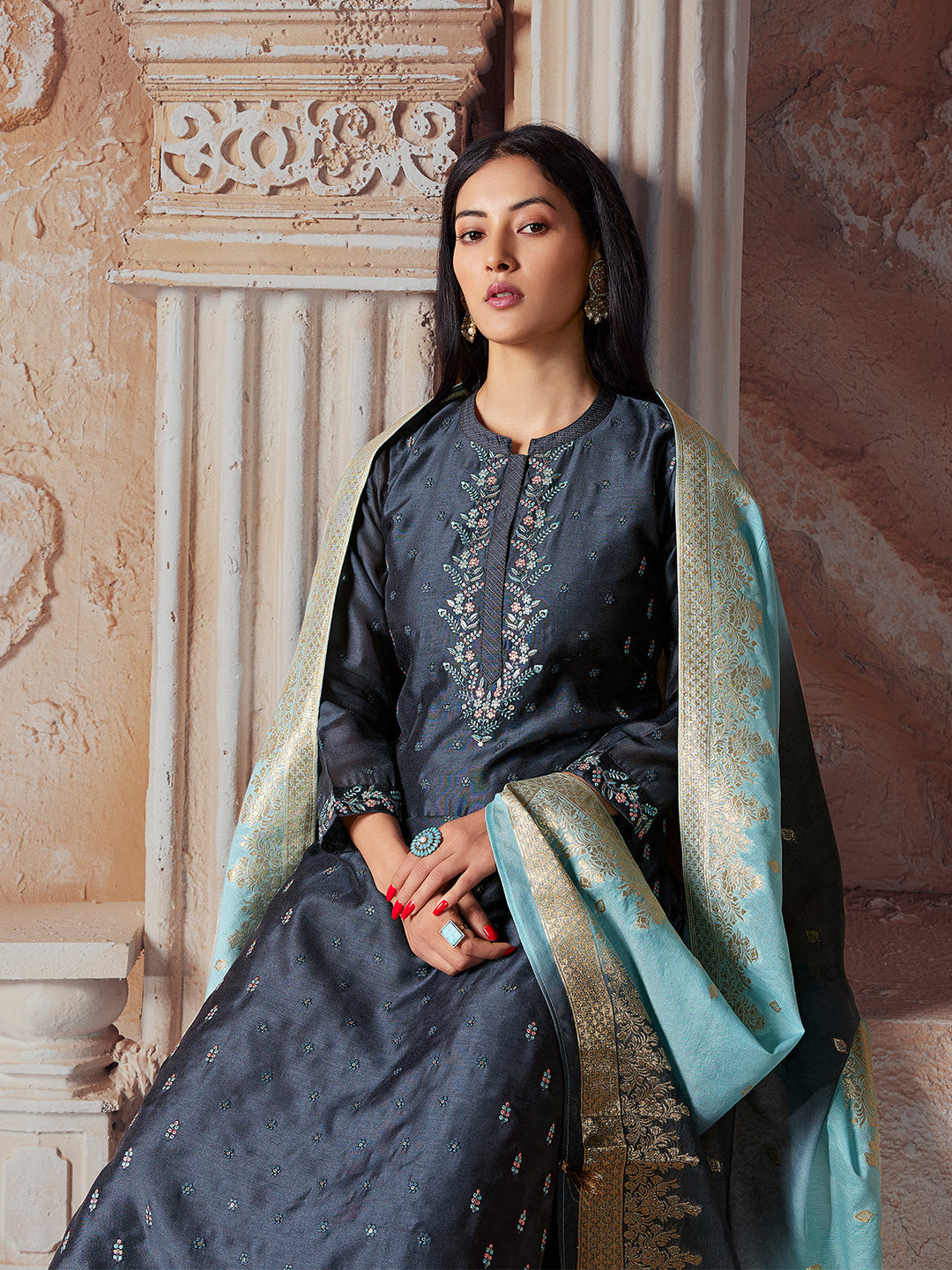 Navy Blue Semi-Silk Suit Set