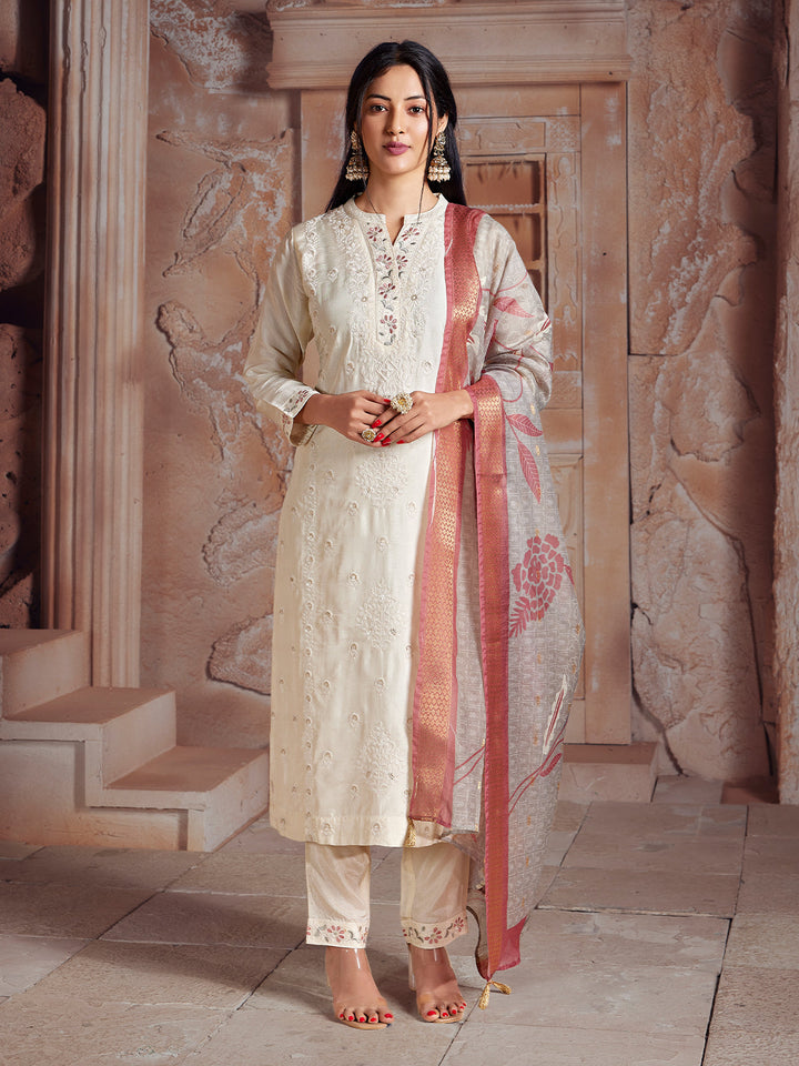 Cream Semi-Silk Suit Set