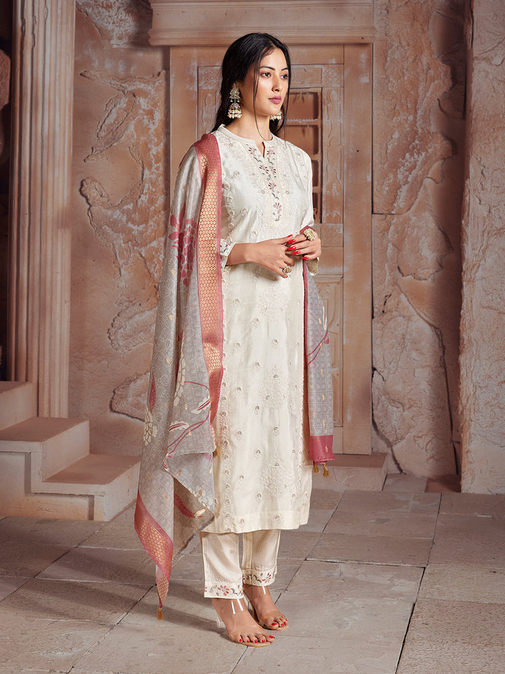 Cream Semi-Silk Suit Set