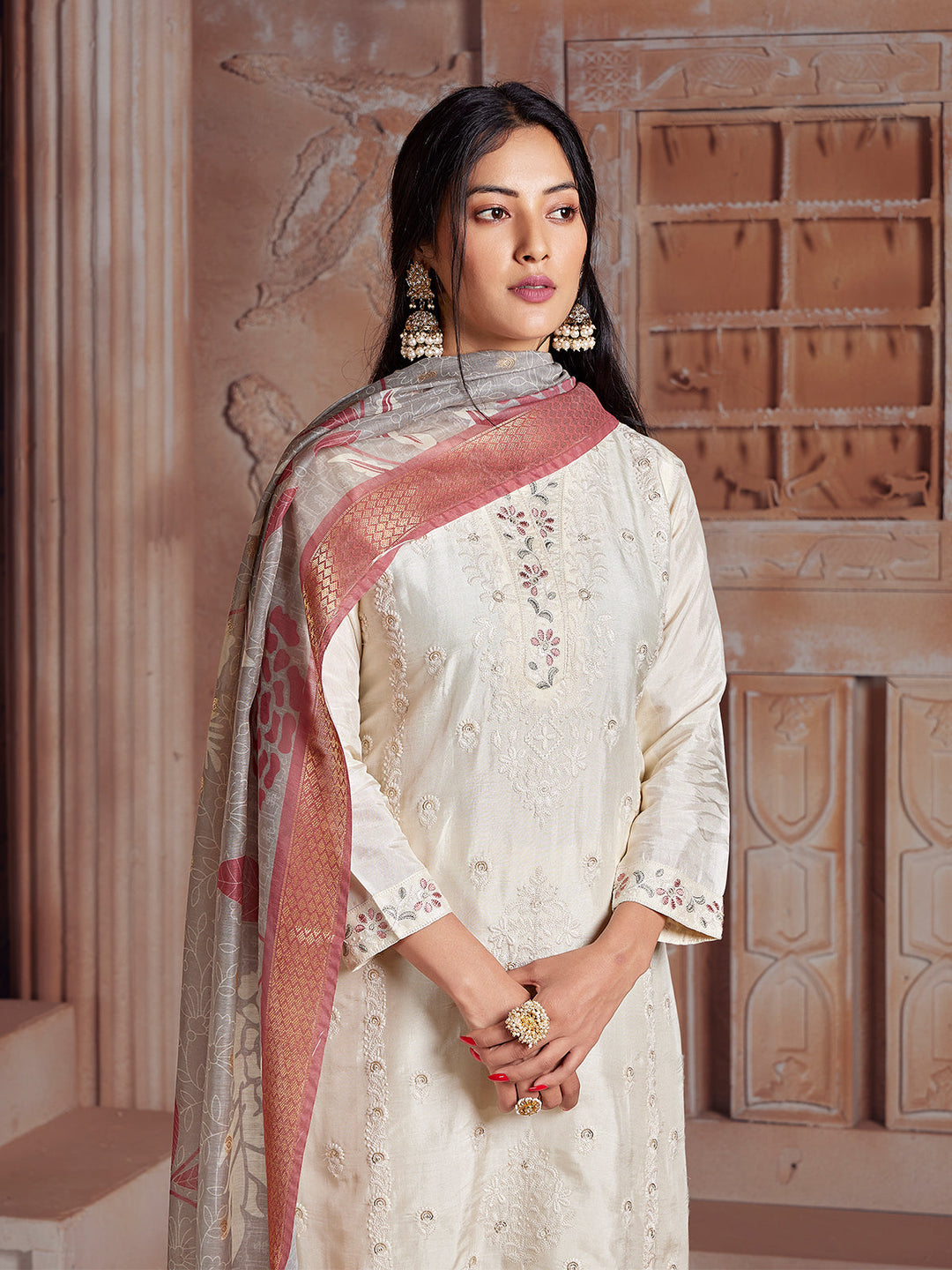 Cream Semi-Silk Suit Set