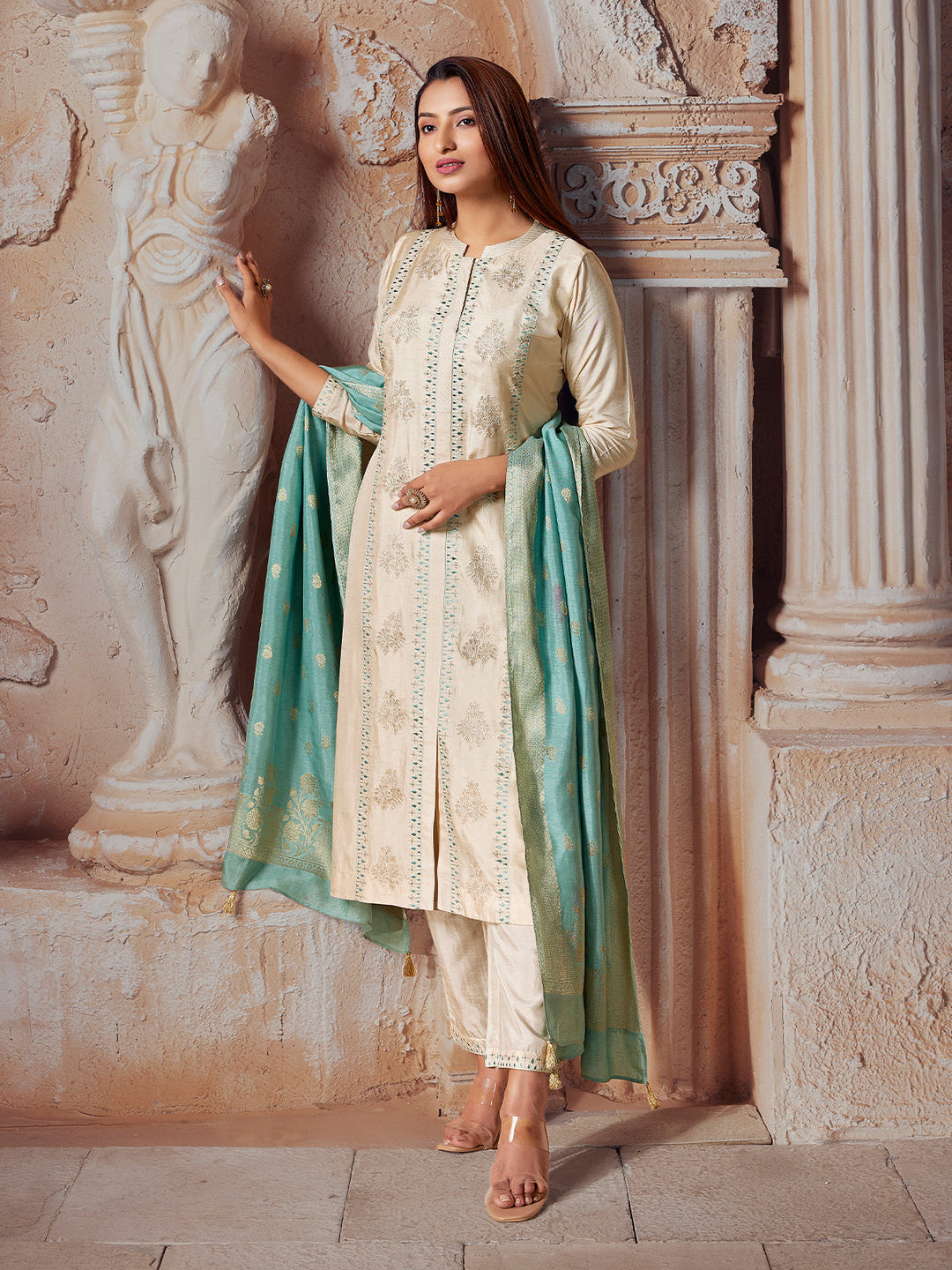Cream Semi-Silk Suit Set