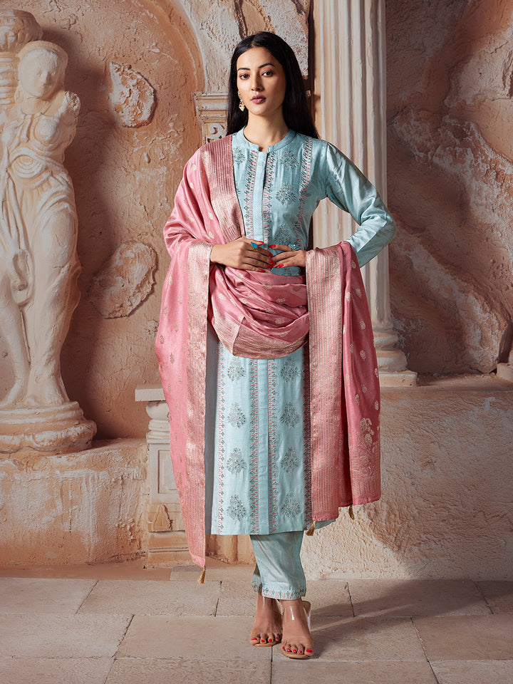 Sky Blue Semi-Silk Suit Set