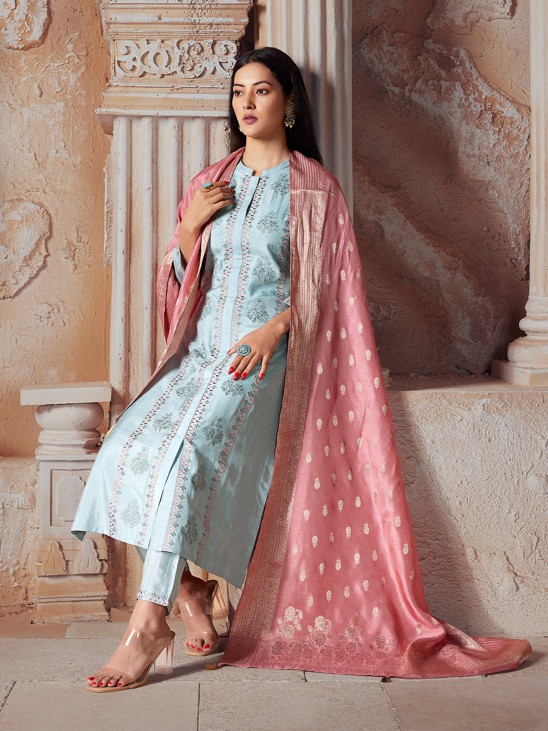 Sky Blue Semi-Silk Suit Set