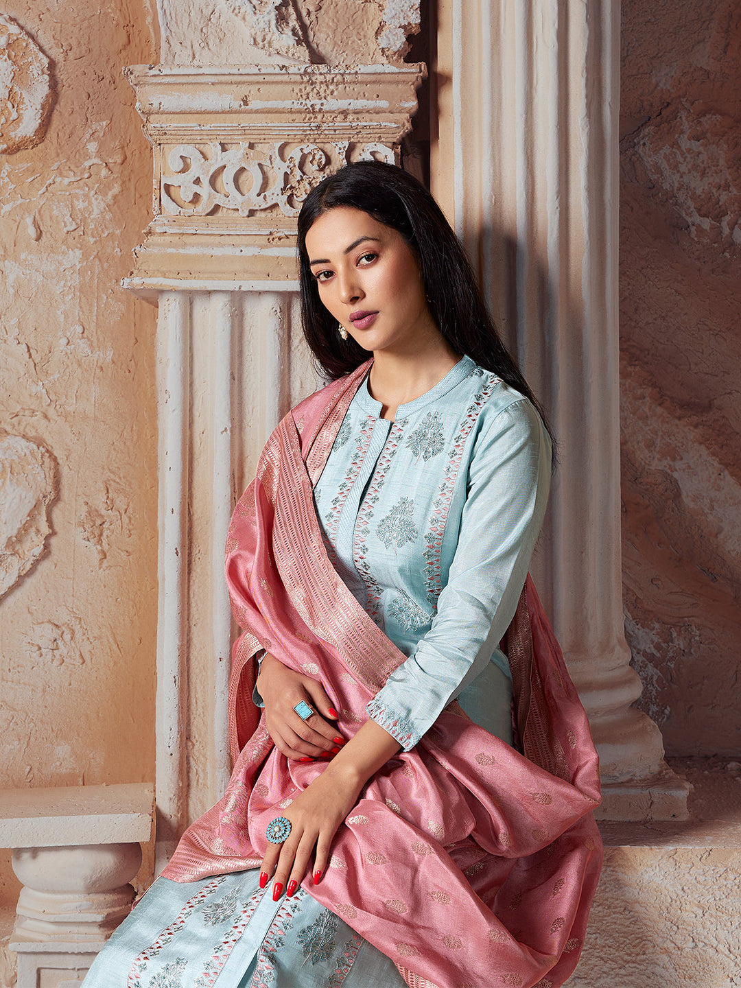 Sky Blue Semi-Silk Suit Set