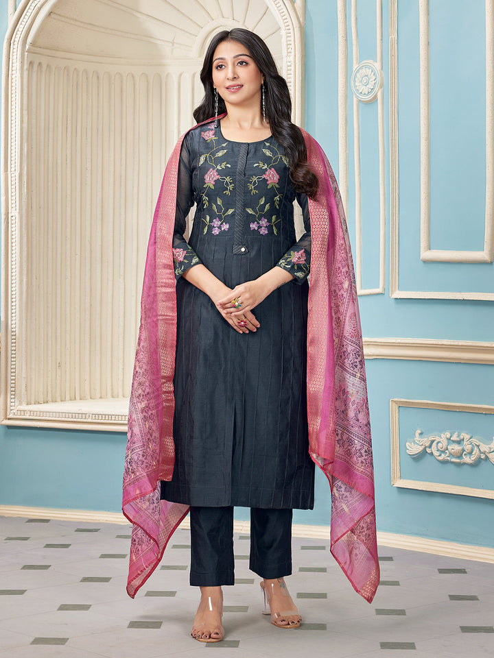 Deep Grey Chanderi Suit Set
