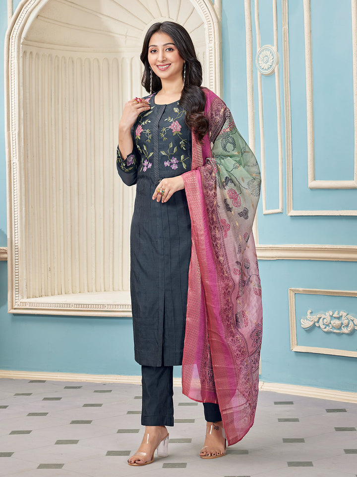 Deep Grey Chanderi Suit Set