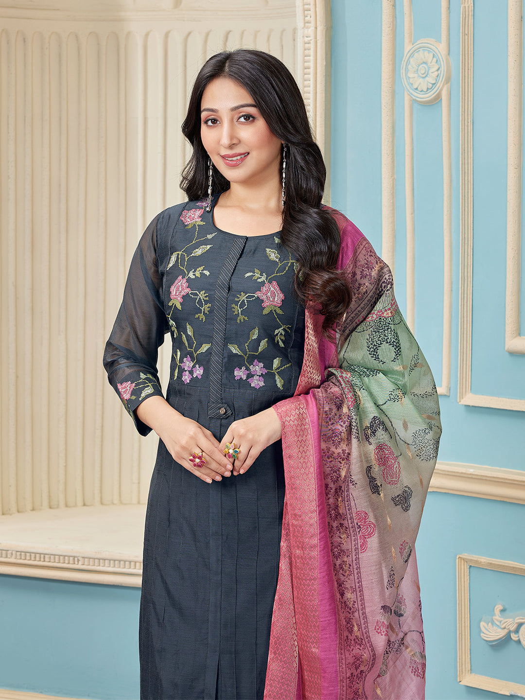 Deep Grey Chanderi Suit Set