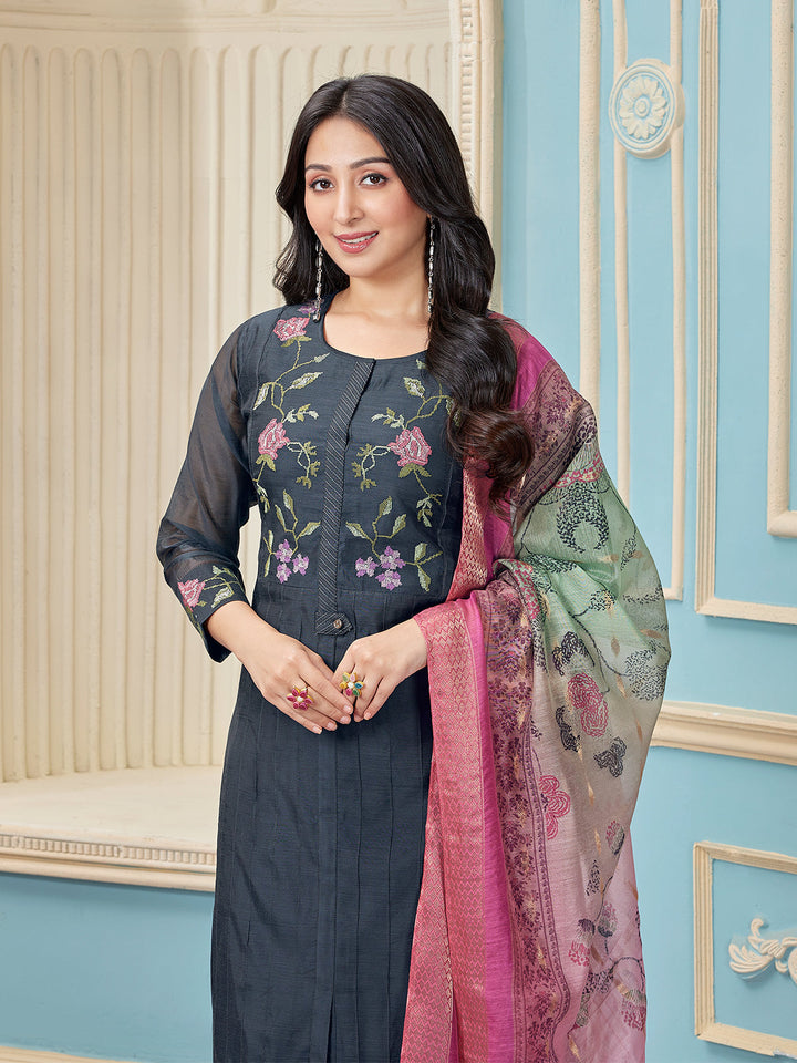 Deep Grey Chanderi Suit Set