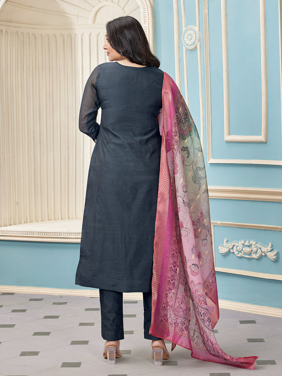 Deep Grey Chanderi Suit Set